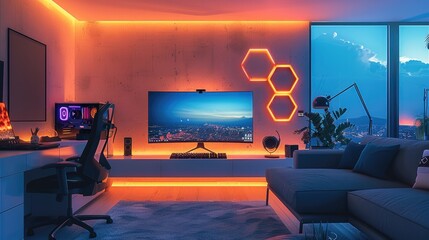 Gaming room, computer on the table, colorful beehive lights on the wall. Generative AI.