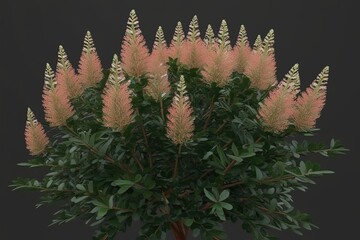 3D Botanical Rendering of Spiraea douglasii Bush with Inflorescence on Black Background