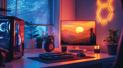 Gaming room, computer on the table, colorful beehive lights on the wall. Generative AI.