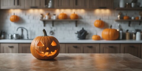 Orange Jack-O-Lantern Pumpkin on Kitchen Countertop with Festive