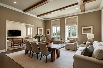 Fototapeta premium Sophisticated Beige Living Room with Dining Area and Cozy Relaxation Space Incorporating Wooden Features