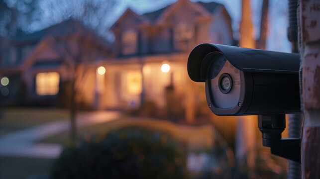 CCTV photo of home security at night, blurred house background, Ai generated Images