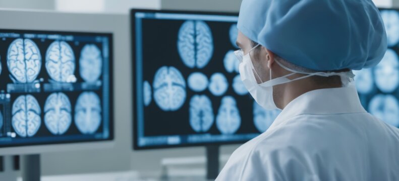 Person wearing blue surgical cap face mask standing Devices moni