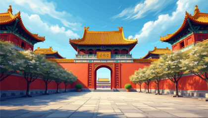 Chinese Imperial Palace Entrance: Traditional Architecture and Gardens