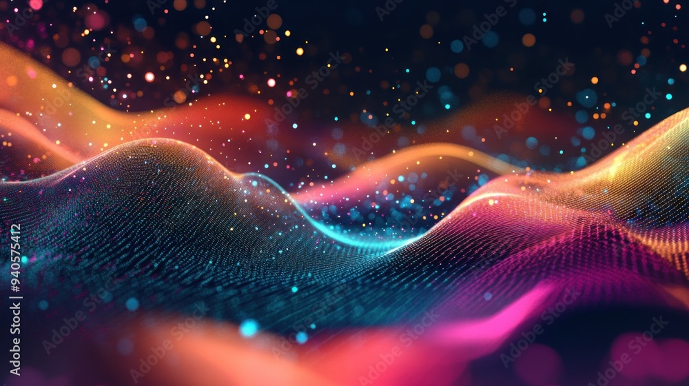 Poster abstract digital landscape with colorful particles and bokeh