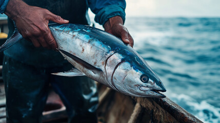 Male fisherman holding tuna fish on boat, fish looks big and muscular with sharp fins, Ai generated Images