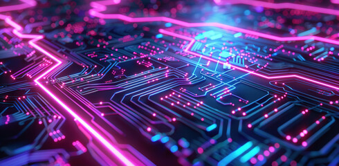 Detailed image of a glowing circuit board with neon lights on a dark background. Concept of technology and digital innovation