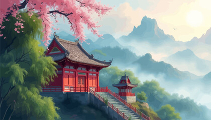 Fototapeta premium Chinese Temple with Pink Cherry Blossoms and Mountain View