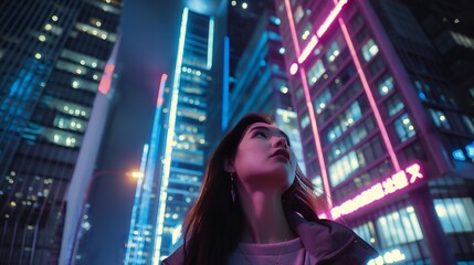 A young woman gazes upward amidst vibrant neon city lights at night.
