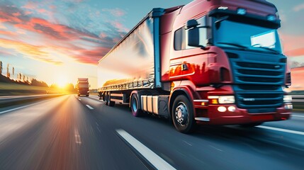 A red truck driving on a highway during sunset, showcasing transport and travel.