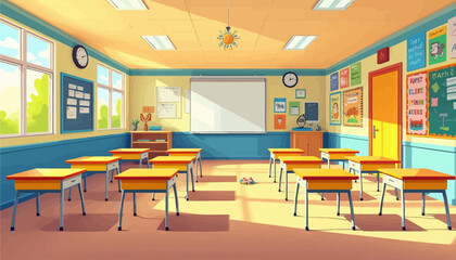 Classroom with a sunny atmosphere and colorful furniture