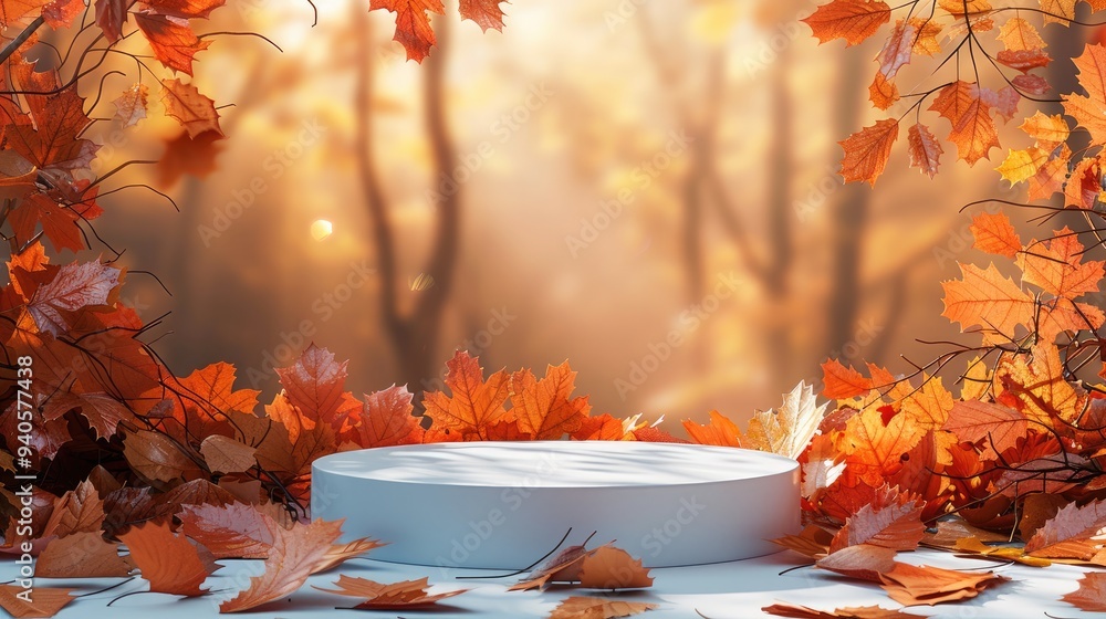 Poster Autumn Display Podium Decoration Background with Autumn leaves and empty minimal podium pedestal product display. Background or banner template for the design. Generative AI.