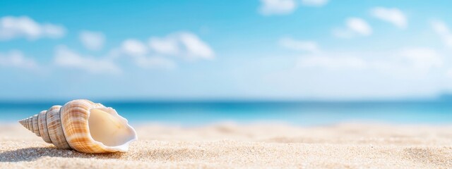  A seashell on a sandy beach, framed by the vast ocean in the background
