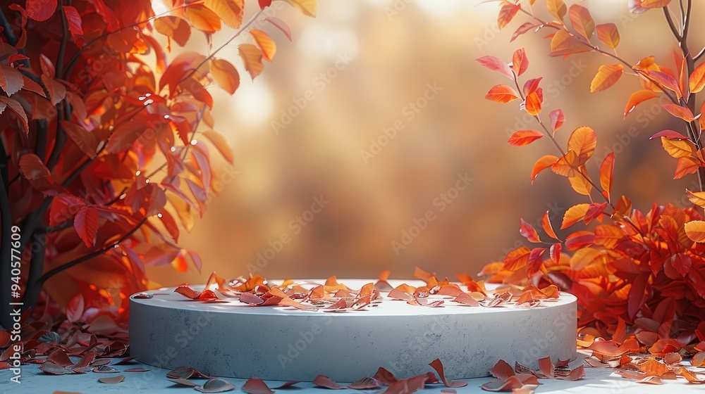 Poster Autumn Display Podium Decoration Background with Autumn leaves and empty minimal podium pedestal product display. Background or banner template for the design. Generative AI.
