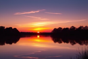Fototapeta premium Peaceful Sunset Reflections on Tranquil Water with Radiant Light Effects