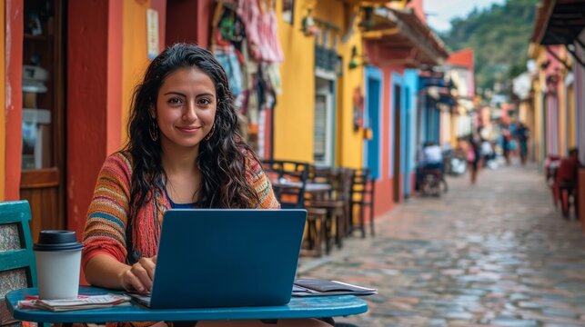 Latin woman works with laptop and coffee in colonial setting.