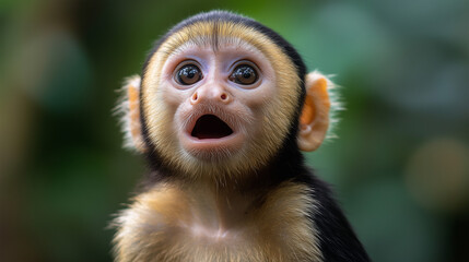 Capuchin monkey with surprised expression, forest background, AI Generated Images