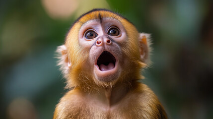 Capuchin monkey with surprised expression, forest background, AI Generated Images