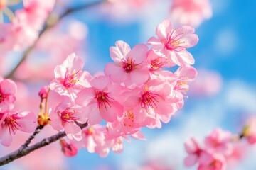 Beautiful and cute pink Kawazu Zakura (cherry blossom) against blue sky, wallpaper background. Tokyo, Japan , ai