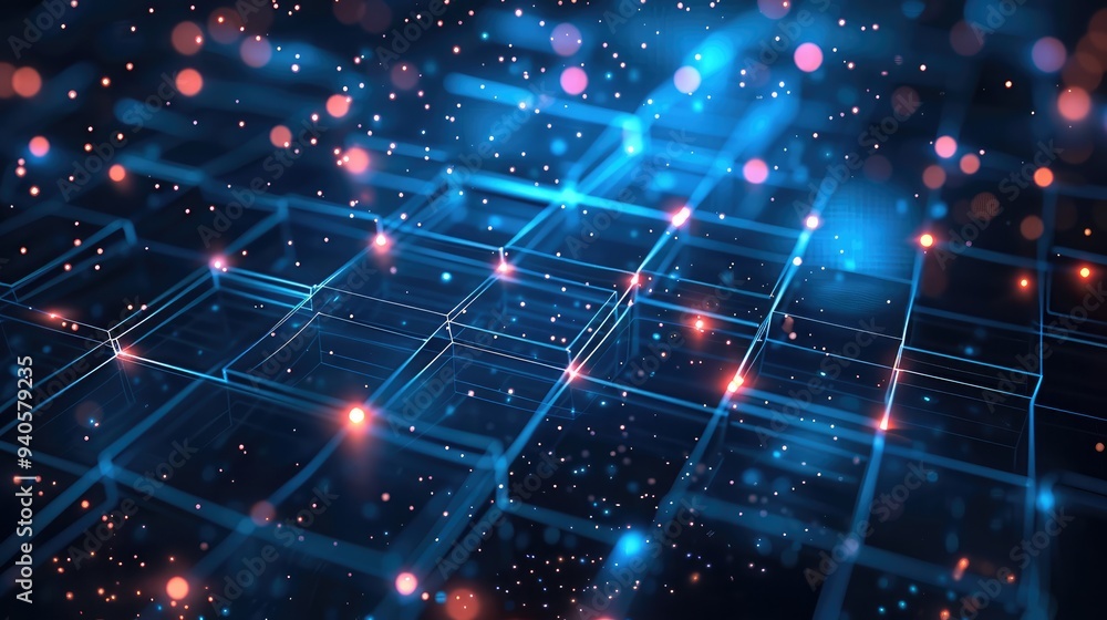 Leinwandbilder abstract background with glowing blue squares and digital connections, representing technology or da
