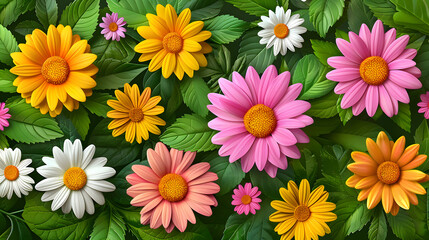 Colorful flowers are blooming on the green leaves in the garden