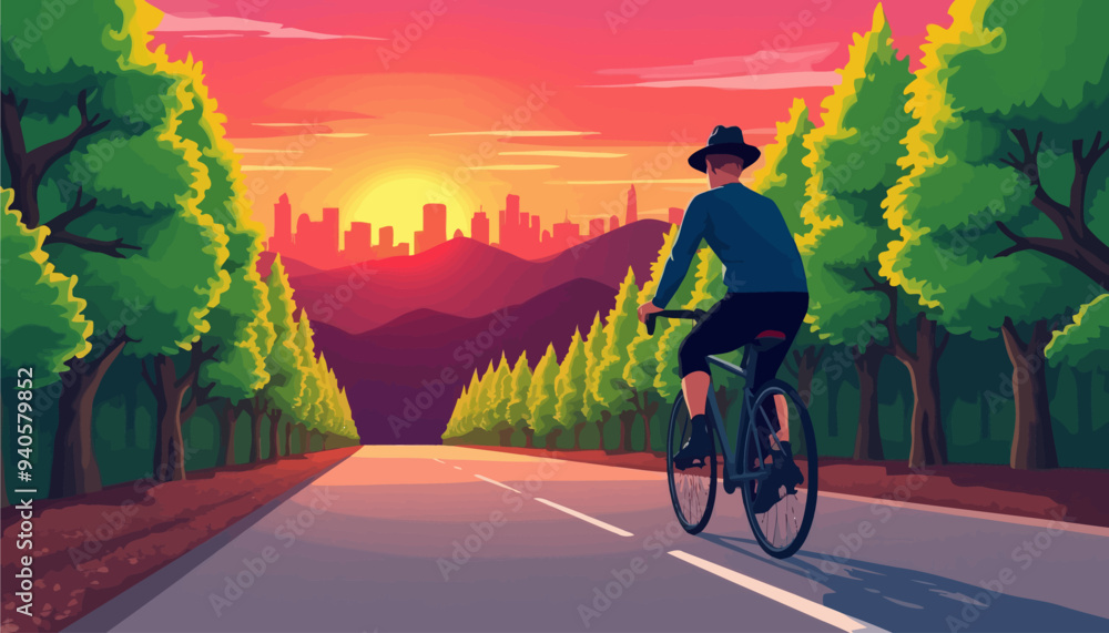 Wall mural Cyclist Riding Along a Tree-Lined Road at Sunset