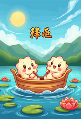 Cute Cartoon Animals in a Boat on a Lake