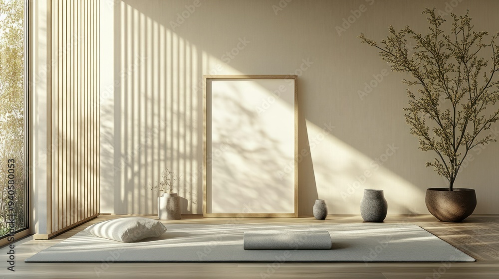 Poster minimalist japanese-style room with a large blank canvas