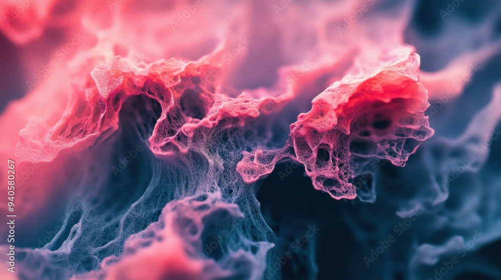 Poster abstract close-up of a pink and blue, delicate, web-like structure
