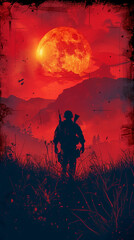 Silhouetted Soldier at Sunset with Red Moon and Mountains in Background