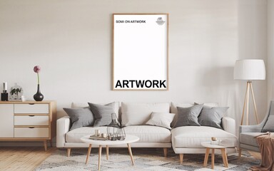 Modern Scandinavian-Style Interior with Artwork Template on White Wall