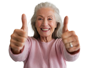 Senior woman thumb up cutout on white transparent background