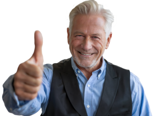 happy senior man thumb up cutout on white background