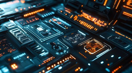 Fototapeta premium A close-up of a cybernetic system interface showing real-time automation, with various system components autonomously coordinating tasks 
