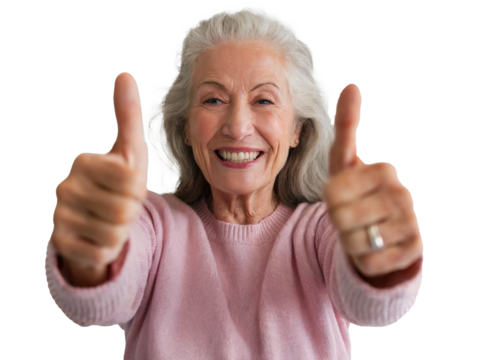 Senior woman thumb up cutout on white transparent background