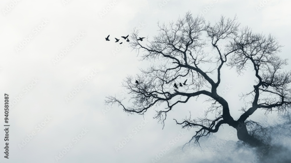 Poster mysterious foggy landscape with birds on a bare tree branch generative ai