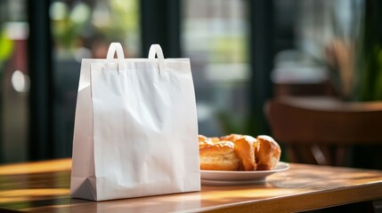 White paper takeout bag in restaurant or cafe for food delivery or take out concept Generative AI