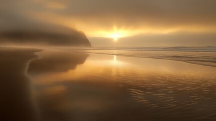 Obraz premium Moody Oregon coast: sunlight shines through fog onto damp sand