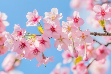 Obraz premium Beautiful and cute pink Kawazu Zakura (cherry blossom) against blue sky, wallpaper background. Tokyo, Japan , ai