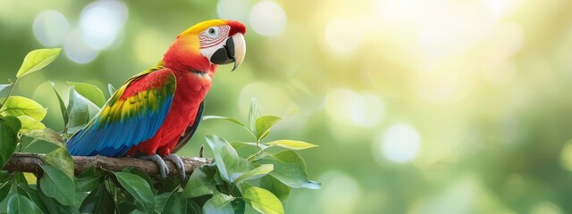  A vibrant parrot atop a tree branch amidst a lush canopy of green leaves, beneath a radiant sun