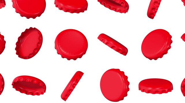 Reflective Bottle Caps Falling on a White Background. 3D Bottle Caps. 4K