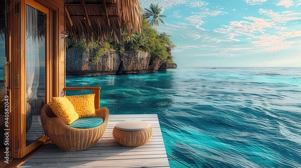 Wall mural a floating thatched roof house in the corner of the sea, overlooking an infinity sea in front of it,