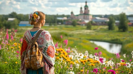 Obraz premium Summer bloom, field, Russian woman, Pavlovo Posad shawl, Suzdal Kremlin.