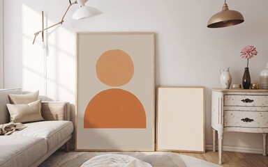 Modern Scandinavian-Style Interior with Artwork Template on White Wall
