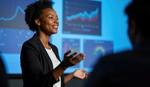 African American Businesswoman Presents Data Driven Insights to Corporate Team