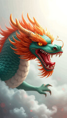 Fototapeta premium Fierce Dragon with Orange and Green Mane and Red Mouth, Soaring Through Clouds