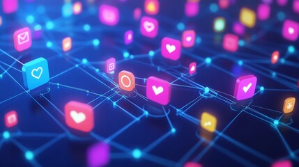 Blue background with colorful icons representing social media, marketing.