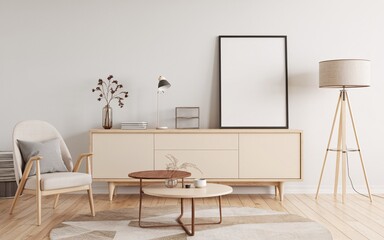 Modern Scandinavian-Style Interior with Artwork Template on White Wall