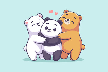 Adorable Trio Hug, Polar Bear, Panda, and Bear Together