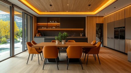 Fototapeta premium Brown leather chairs at wood dining table in room with abstract wood lining ceiling and paneling walls